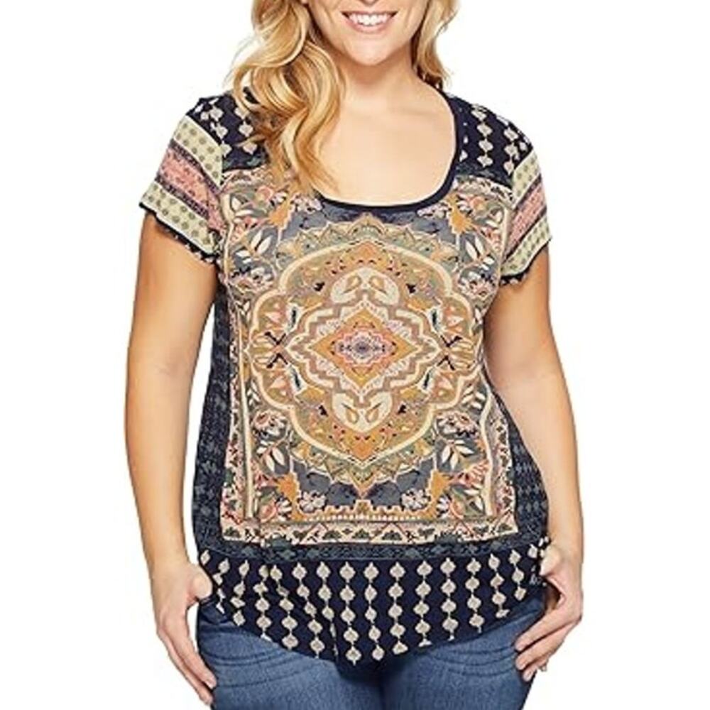 Lucky Brand Women‎ Plus Size 1X Boho Medallion Persian Short Sleeve Shirt